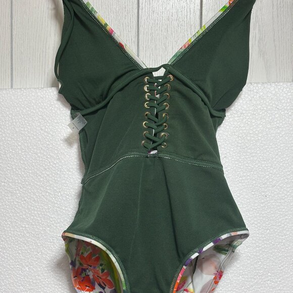 TINIBIKINI Other - TINIBIKINI Watercolour Tropical Print & Sage Green REVERSIBLE One Piece Swimsuit